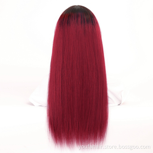 180% Density Brazilian Remy Straight Hair Non Lace Wig with Bangs 1B Red Burgundy Full Machine Made Human Hair Wigs for Women